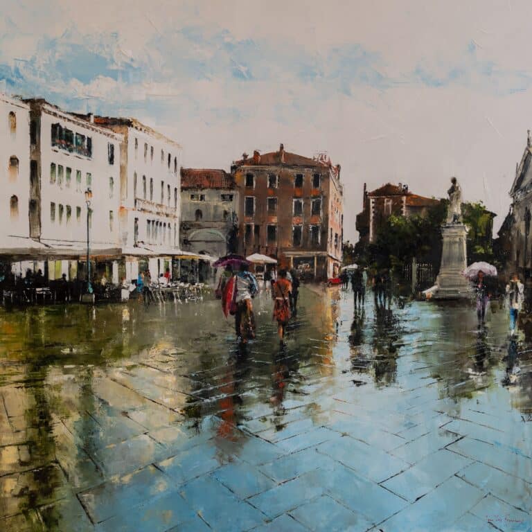 Retrouvez cette toile de Fremaux disponible dans les galeries d'art Platini. Une scène de rue sous la pluie avec des reflets sur le sol, typique de Venise.