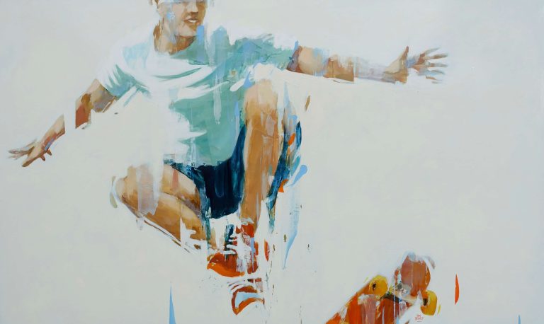 Toute la tension du mouvement est capturée dans cette œuvre où le skateur défie la gravité. Jim Drouet insuffle une énergie brute à travers des touches picturales libres et dynamiques.