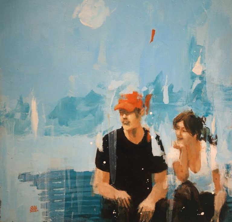 Zoom sur la même peinture encore, centrée sur les deux personnages : l’homme à la casquette orange et la femme. L’expression gestuelle entre eux suggère une conversation complice ou un moment suspendu.