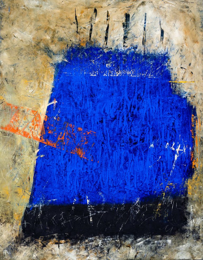 Œuvre de l’artiste pamphyle, caractérisée par un bleu éclatant et des contrastes élégants.