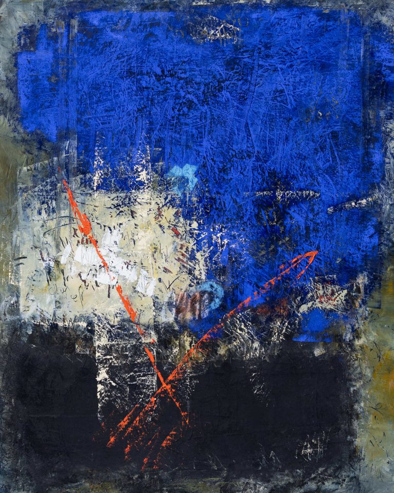Œuvre de l’artiste pamphyle, caractérisée par un bleu éclatant et des contrastes élégants.