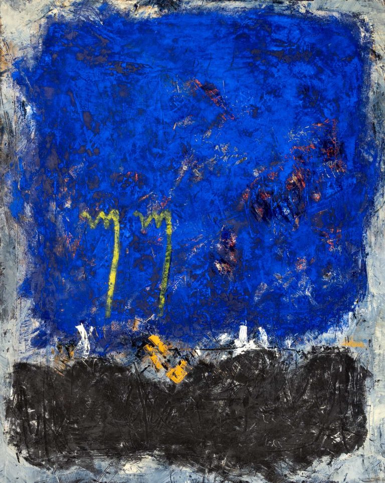 Oeuvre abstraite de l'oeuvre abstraite, avec le bleu caractéristique de l'artiste, des pigments sont visibles à l'oeil nu et donne envie de toucher l'oeuvre.
