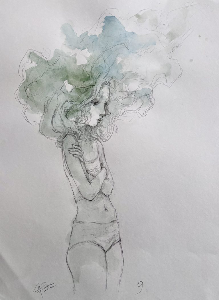 aquarelle - dessin originel de la sculpture La Flamboyante de Valérie Hadida, touche délicate et sensible, actualités.