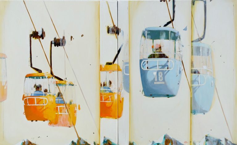 Peinture de l'artiste Jim Drouet à l'huile, représentant une télécabine orange et une télécabine bleu, dans un diptyque.