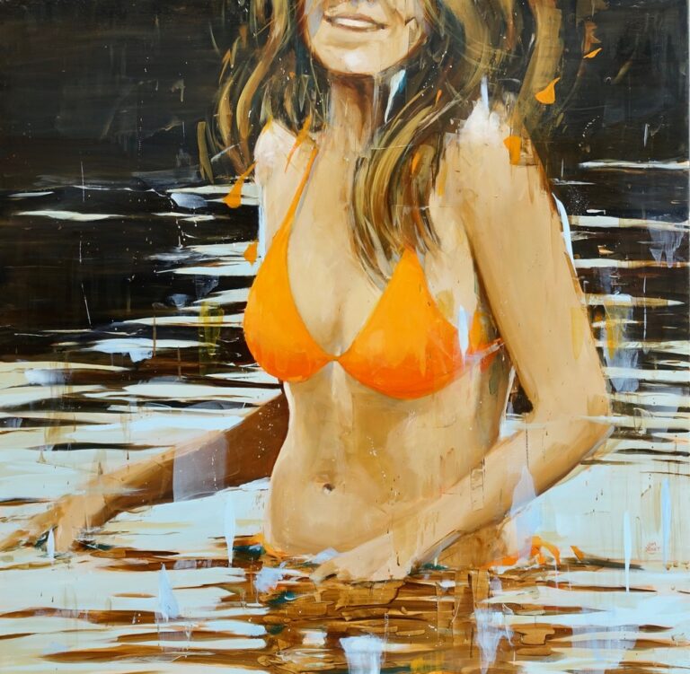 E.G. dans le lac, huile sur toile de Jim Drouet (100 x 100 cm), portrait contemporain d’une femme en bikini orange dans l’eau, jeux de reflets abstraits et contrastes lumineux sur fond sombre