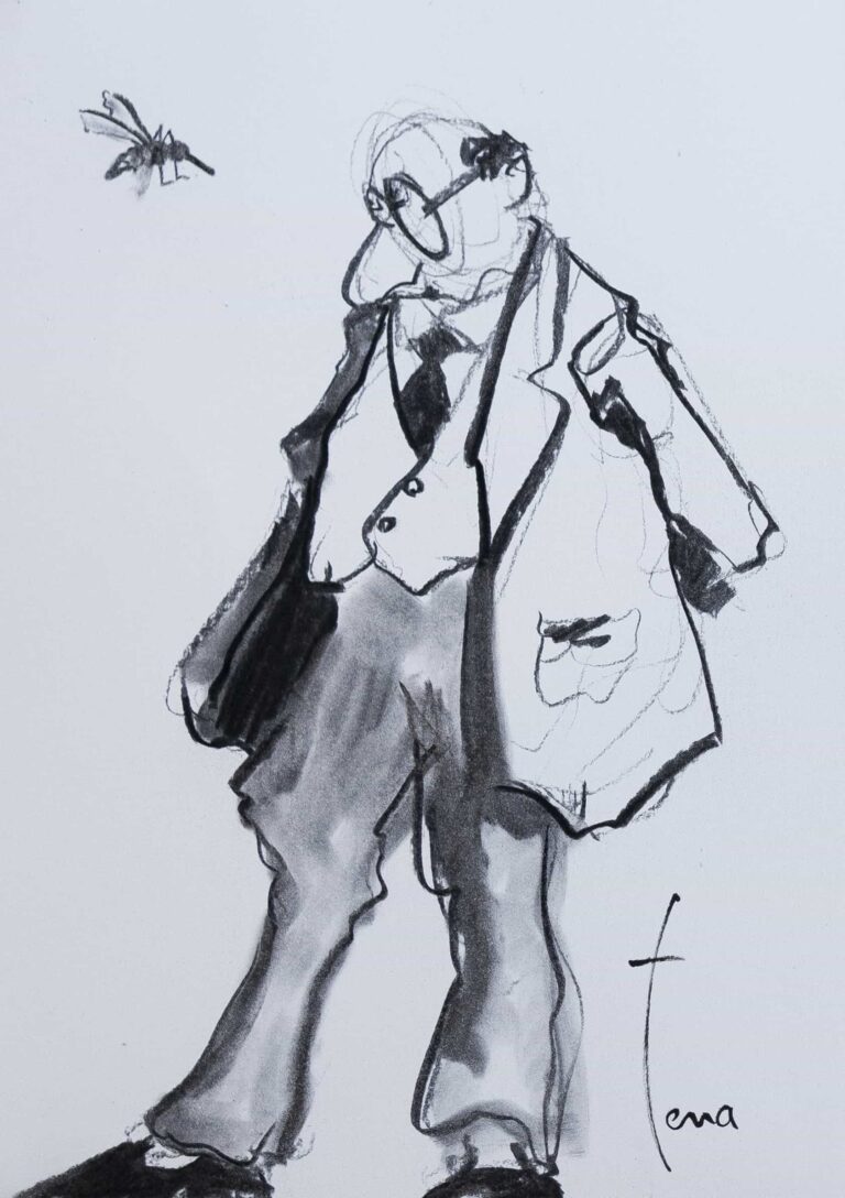 Ce dessin au fusain s’inscrit dans une esthétique expressive et spontanée, où le geste prime sur la précision descriptive. On est face à une figure anthropomorphe, presque caricaturale, construite par une ligne nerveuse et fragmentée, qui suggère davantage qu’elle ne définit. 1. Un langage graphique basé sur l’énergie du trait Le fusain est utilisé ici dans sa dimension la plus brute : traits appuyés, parfois écrasés, parfois effleurés superposition de lignes, corrections visibles, repentirs absence de contour fermé au profit d’une forme en construction permanente Cela donne une impression de mouvement interne, comme si la figure était en train d’émerger sous nos yeux. Le dessin ne cherche pas la finition mais l’intensité du geste. 2. Une stylisation entre caricature et déformation expressive Le personnage présente : des proportions volontairement exagérées (tête allongée, posture voûtée) une attitude introspective ou concentrée (figure penchée, main proche du visage) un traitement presque grotesque mais jamais totalement comique On est proche d’une tradition qui oscille entre dessin d’observation et interprétation psychologique. Le corps devient un vecteur d’état intérieur plutôt qu’un objet anatomique fidèle. 3. Une tension entre structure et relâchement Un élément intéressant est le contraste entre : le quadrillage du pantalon, très structurant, presque géométrique le reste du corps, traité de manière fluide et instable Cela crée une tension visuelle entre ordre et désordre, contrôle et lâcher-prise, qui dynamise la composition. 4. Une économie de moyens au service de l’expressivité Le fond est laissé vierge, ce qui : isole la figure renforce sa présence met en avant la matérialité du fusain Il n’y a ni décor ni narration explicite : tout repose sur la posture, le rythme du trait et la densité des noirs. Deux lectures possibles Piste 1 : Lecture expressive / psychologique Le dessin capte un état intérieur (fatigue, réflexion, tension). Avantage : forte charge émotionnelle, immédiate Limite : interprétation ouverte, parfois difficile à stabiliser Piste 2 : Lecture formelle / graphique L’intérêt réside dans le travail du trait, du rythme et de la composition. Avantage : richesse plastique, étude du geste Limite : peut sembler “inachevé” pour un regard non averti En résumé (actionnable) Ce type de dessin peut être décrit comme : un dessin expressionniste au fusain, centré sur le geste une figure déformée et introspective, entre caricature et étude psychologique une écriture graphique libre, où construction et effacement coexistent Si tu dois le présenter (galerie, texte de médiation), insiste sur : l’énergie du trait, la déformation expressive et la tension entre structure et spontanéité.