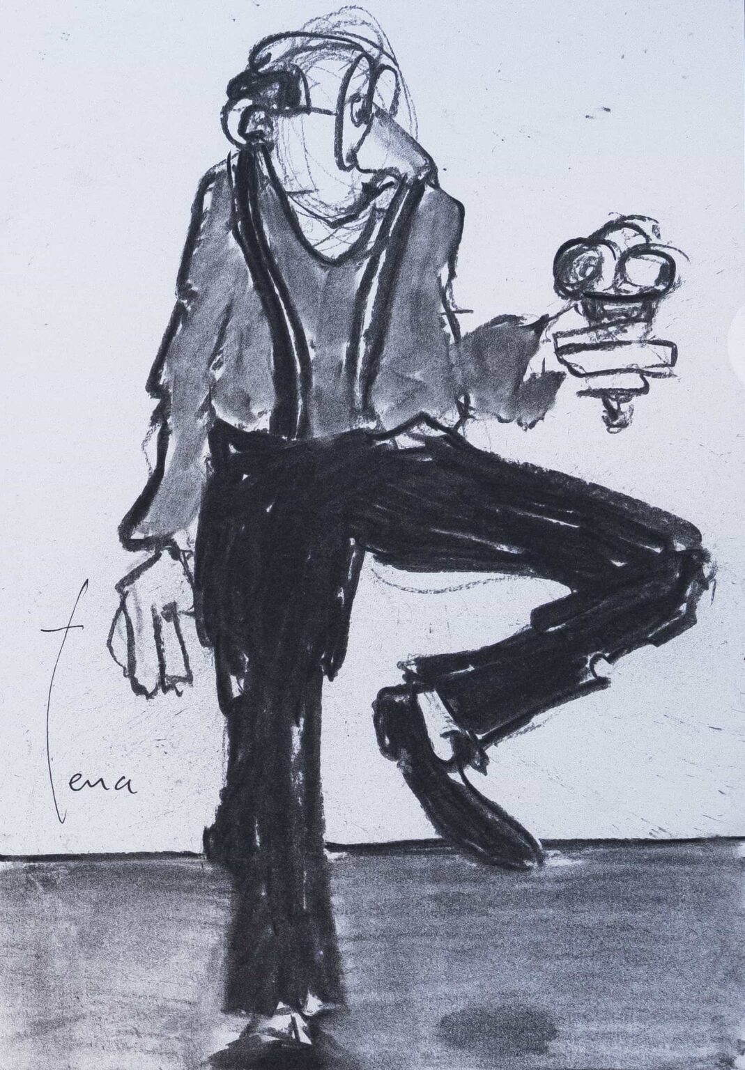 Ce dessin au fusain s’inscrit dans une esthétique expressive et spontanée, où le geste prime sur la précision descriptive. On est face à une figure anthropomorphe, presque caricaturale, construite par une ligne nerveuse et fragmentée, qui suggère davantage qu’elle ne définit. 1. Un langage graphique basé sur l’énergie du trait Le fusain est utilisé ici dans sa dimension la plus brute : traits appuyés, parfois écrasés, parfois effleurés superposition de lignes, corrections visibles, repentirs absence de contour fermé au profit d’une forme en construction permanente Cela donne une impression de mouvement interne, comme si la figure était en train d’émerger sous nos yeux. Le dessin ne cherche pas la finition mais l’intensité du geste. 2. Une stylisation entre caricature et déformation expressive Le personnage présente : des proportions volontairement exagérées (tête allongée, posture voûtée) une attitude introspective ou concentrée (figure penchée, main proche du visage) un traitement presque grotesque mais jamais totalement comique On est proche d’une tradition qui oscille entre dessin d’observation et interprétation psychologique. Le corps devient un vecteur d’état intérieur plutôt qu’un objet anatomique fidèle. 3. Une tension entre structure et relâchement Un élément intéressant est le contraste entre : le quadrillage du pantalon, très structurant, presque géométrique le reste du corps, traité de manière fluide et instable Cela crée une tension visuelle entre ordre et désordre, contrôle et lâcher-prise, qui dynamise la composition. 4. Une économie de moyens au service de l’expressivité Le fond est laissé vierge, ce qui : isole la figure renforce sa présence met en avant la matérialité du fusain Il n’y a ni décor ni narration explicite : tout repose sur la posture, le rythme du trait et la densité des noirs. Deux lectures possibles Piste 1 : Lecture expressive / psychologique Le dessin capte un état intérieur (fatigue, réflexion, tension). Avantage : forte charge émotionnelle, immédiate Limite : interprétation ouverte, parfois difficile à stabiliser Piste 2 : Lecture formelle / graphique L’intérêt réside dans le travail du trait, du rythme et de la composition. Avantage : richesse plastique, étude du geste Limite : peut sembler “inachevé” pour un regard non averti En résumé (actionnable) Ce type de dessin peut être décrit comme : un dessin expressionniste au fusain, centré sur le geste une figure déformée et introspective, entre caricature et étude psychologique une écriture graphique libre, où construction et effacement coexistent Si tu dois le présenter (galerie, texte de médiation), insiste sur : l’énergie du trait, la déformation expressive et la tension entre structure et spontanéité.