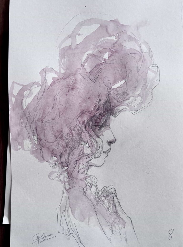 Dessin de Valérie Hadida, aqauarelle, dessin original, rose, tête femme, portrait, esquisse. art féminin.